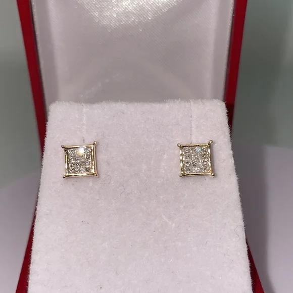 Solid Stamped 14K Yellow Gold Natural Diamond Stud Earrings Unisex Men Women